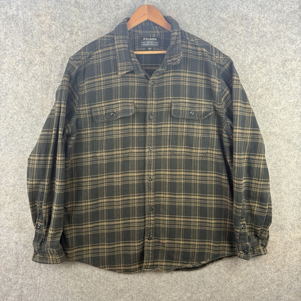 Filson Vintage Flannel Work Shirt Mens XXL Black Olive Plaid Midweight Button Up